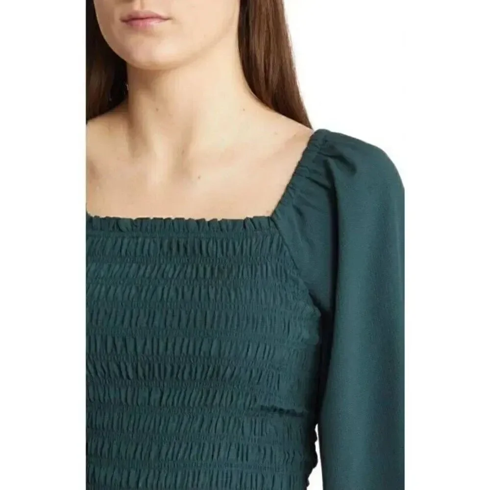 Madewell Lucie Bubble Sleeve Smocked Top in Green Women's Size S
